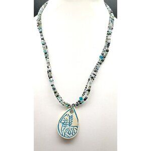Vintage Multicolor Glass Bead Necklace with Carved Bone Zebra Pendant